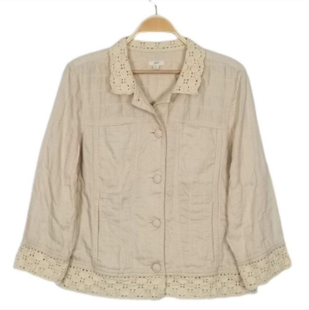 J. Jill Lightweight Cream Beige Lace Appliqué Collared Jacket Women's Medium M